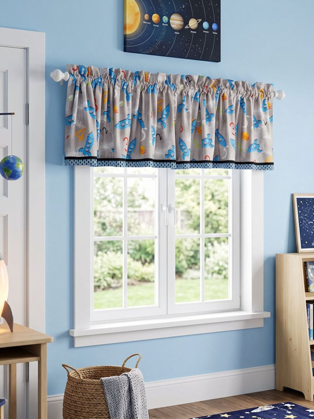Space Rockets Gray Blue Mid Century Window Valance Curtains - 2 Panels